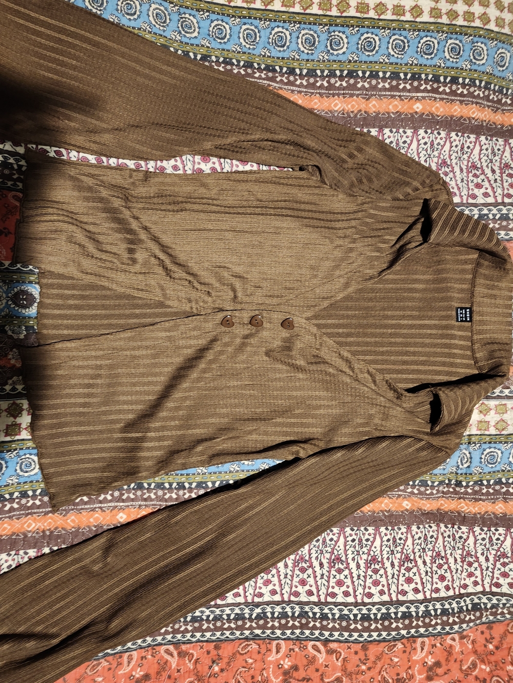 SHEIN Brown Ribbed Button-Front Long Sleeve Blouse